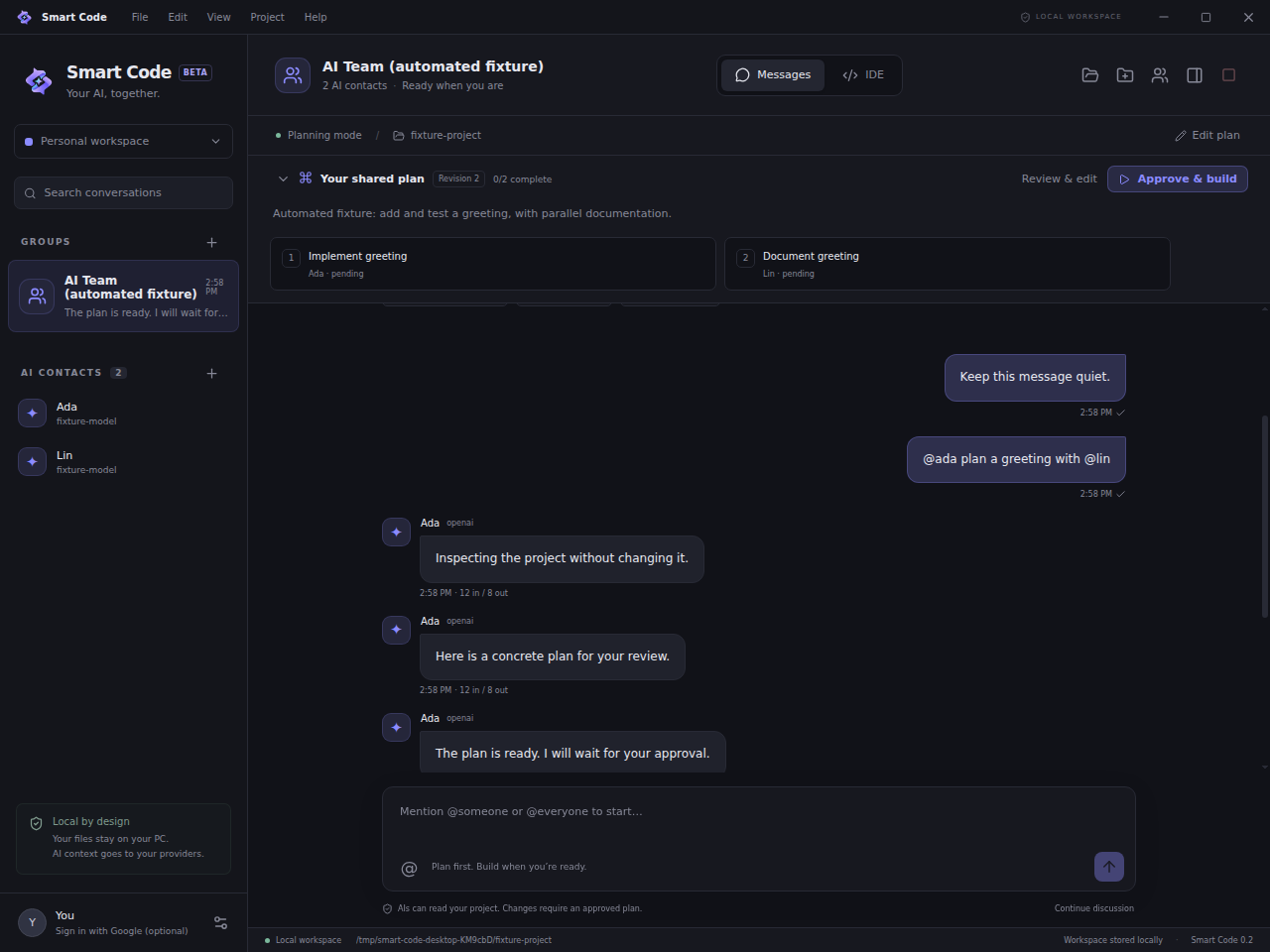 Actual Smart Code planning conversation and proposed task assignments, captured from an automated test workspace
