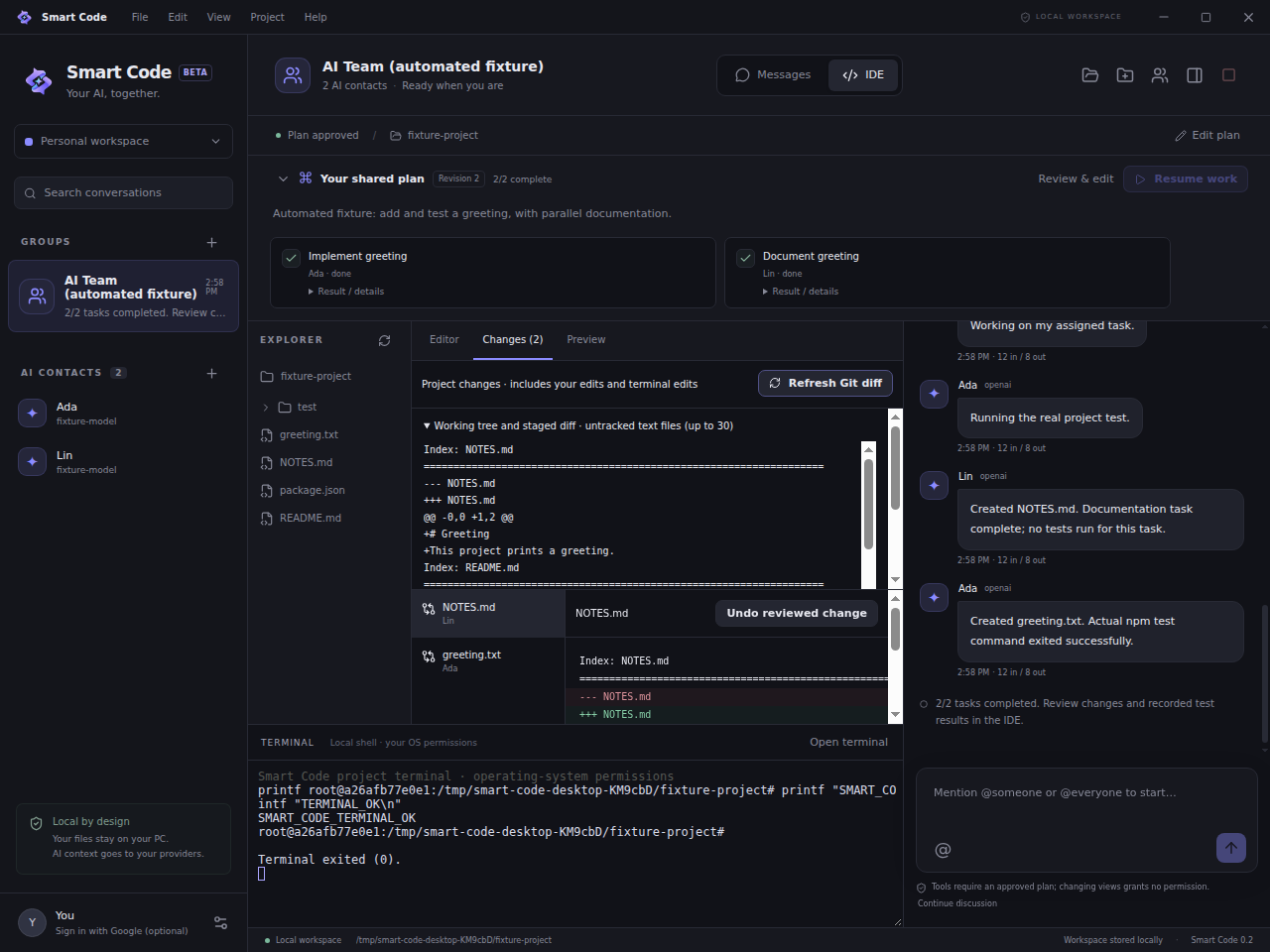 The actual Smart Code desktop app showing completed AI tasks, file changes, shared chat and a working terminal in an automated test project